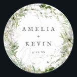 Earthy Greenery Watercolor Personalised Wedding Classic Round Sticker<br><div class="desc">Beautiful delicate watercolor greenery frames your details in this elegant and modern sticker. Use as an envelope seal,  in your gift packaging,  you name it! This is part of a collection,  be sure to visit my shop to see more of my designs that match this.</div>