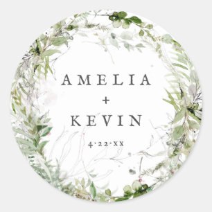 Earthy Greenery Watercolor Personalised Wedding Classic Round Sticker