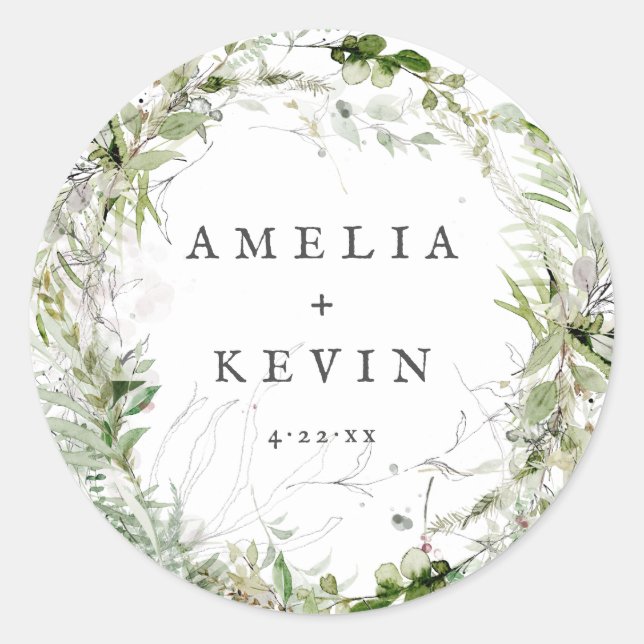 Earthy Greenery Watercolor Personalised Wedding Classic Round Sticker (Front)
