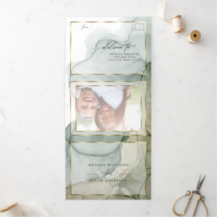 Earthy Greens and Golds Abstract Ink Tri-Fold Inv