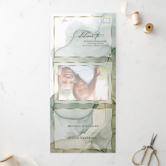 Earthy Greens and Golds Abstract Ink Tri-Fold Inv (Outside)