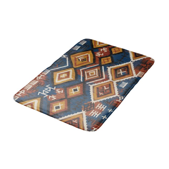 Earthy Indigo Nomad – Artisanal Tribal Patchwork Bath Mat (Angled)