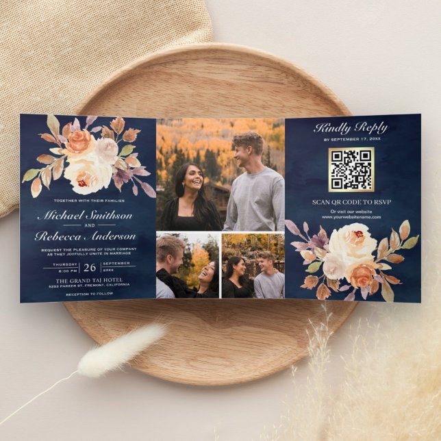 Earthy Ivory Floral Navy Blue QR Code Wedding Tri-Fold Invitation (Creator Uploaded)
