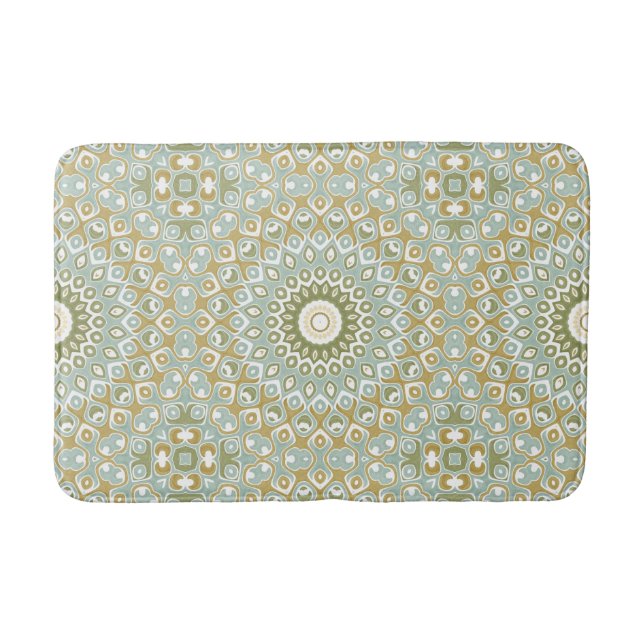 Earthy Mandala in Green, Gold, and Soft Blue Bath Mat (Front)