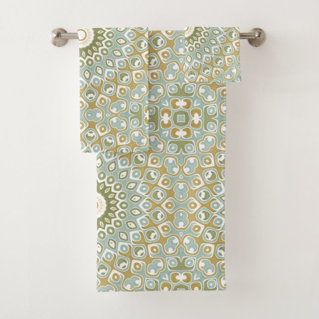Earthy Mandala in Green, Gold, and Soft Blue Bath Towel Set (Insitu)