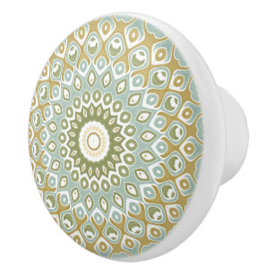 Earthy Mandala in Green, Gold, and Soft Blue Ceramic Knob