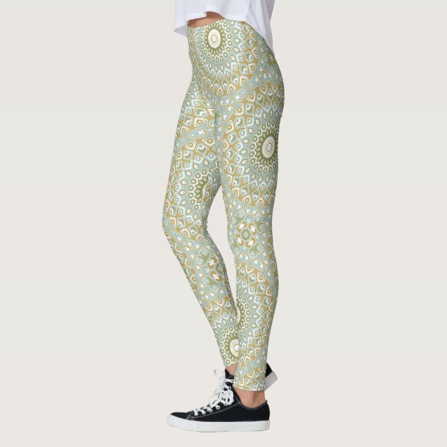 Earthy Mandala in Green, Gold, and Soft Blue Leggings (Left)
