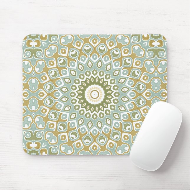 Earthy Mandala in Green, Gold, and Soft Blue Mouse Mat (With Mouse)