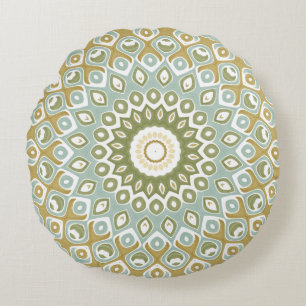 Earthy Mandala in Green, Gold, and Soft Blue Round Cushion