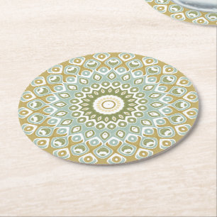 Earthy Mandala in Green, Gold, and Soft Blue Round Paper Coaster