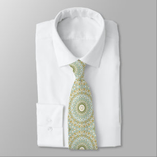 Earthy Mandala in Green, Gold, and Soft Blue Tie
