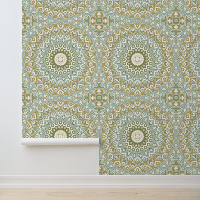 Earthy Mandala in Green, Gold, and Soft Blue Wallpaper (Application)