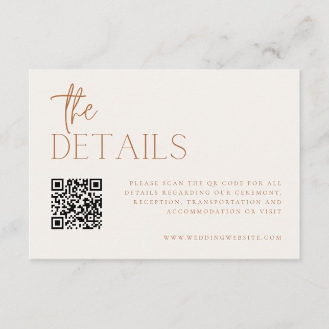 Earthy Minimal Wedding Details QR Code Enclosure Card (Front)