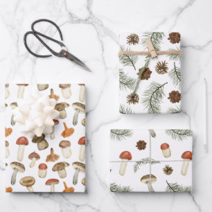 Earthy Mushrooms Pine Tree Branch Pinecones Gift  Wrapping Paper Sheet
