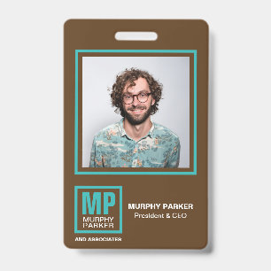 Earthy Natural Brown Turquoise Monogram Logo Photo ID Badge