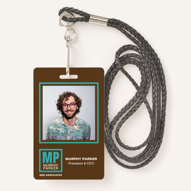 Earthy Natural Brown Turquoise Monogram Logo Photo ID Badge (Front with Lanyard)