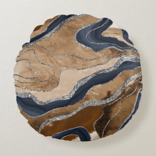 Earthy Navy Blue Marble Agate Silver Glitter 1 Round Cushion