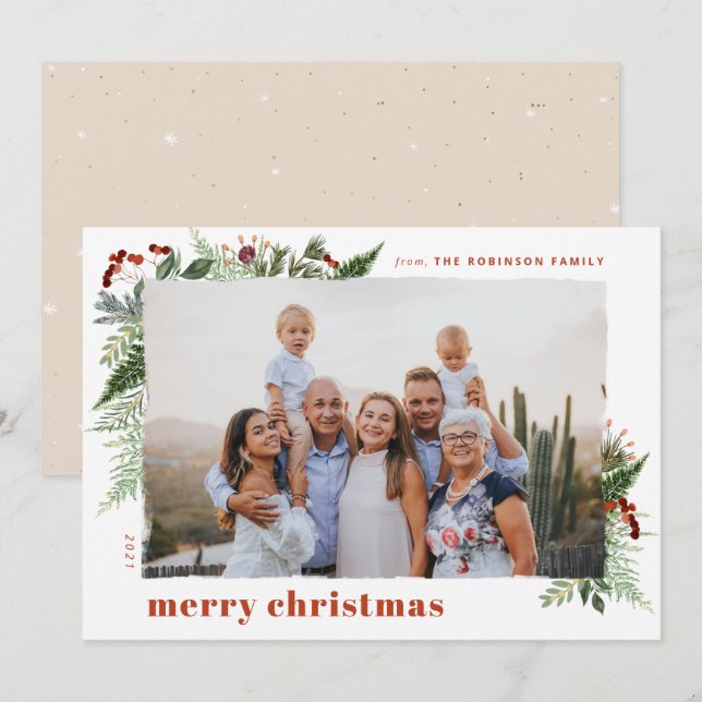 Earthy Neutral Brush Effect Boho Christmas Holiday Card (Front/Back)