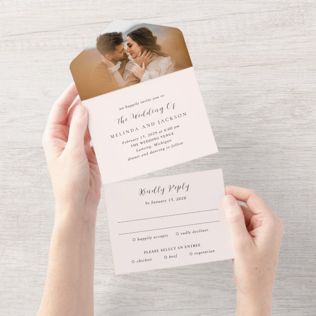Earthy Neutral Photo Modern Wedding All In One Invitation (Tearaway)