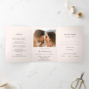 Earthy Neutral Photo Modern Wedding Tri-Fold Invitation
