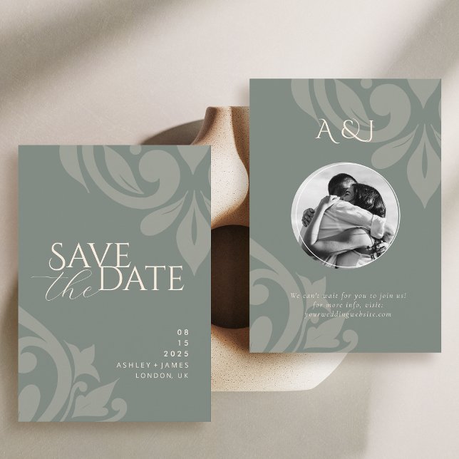 Earthy Olive Classic Damask Elegant Photo Wedding Save The Date (Creator Uploaded)