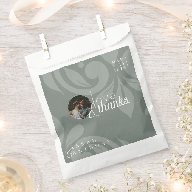 Earthy Olive Classic Damask Photo Wedding Favour Bags (Clipped)