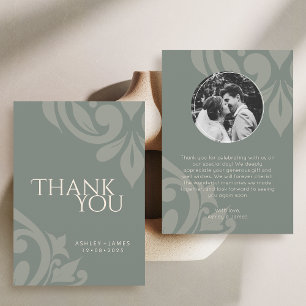 Earthy Olive Classy Elegant Damask Photo Wedding Thank You Card