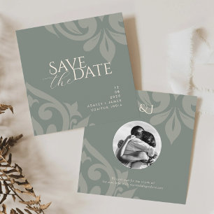 Earthy Olive Damask Elegant Classic Photo Wedding Save The Date