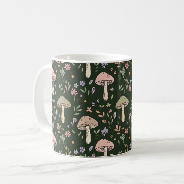 Earthy Olive Green Fungi Seamless Pattern Rustic Coffee Mug (Front Left)