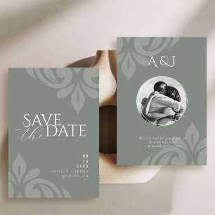 Earthy Olive Script Damask Photo Wedding Save The Date