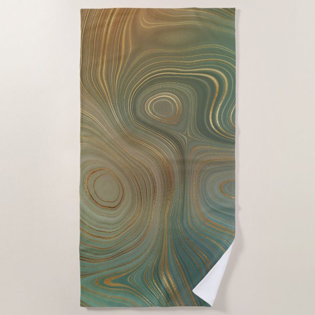 Earthy Olive Strata | Green and Gold Ink Agate Beach Towel (Front)