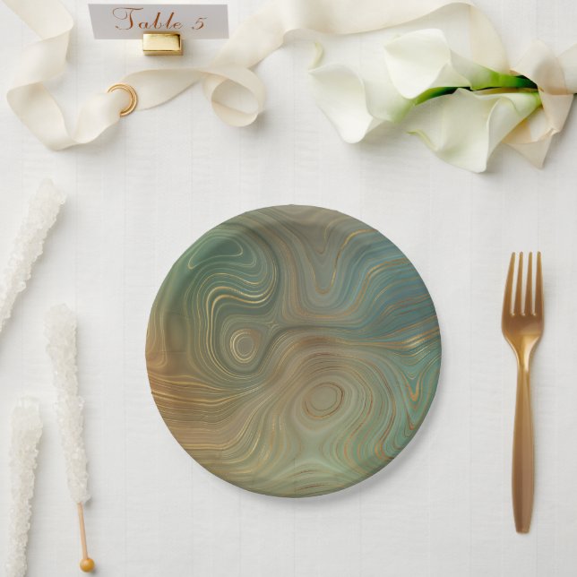 Earthy Olive Strata | Green and Gold Ink Agate Paper Plate (Wedding)