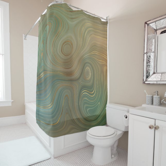 Earthy Olive Strata | Green and Gold Ink Agate Shower Curtain (In Situ)