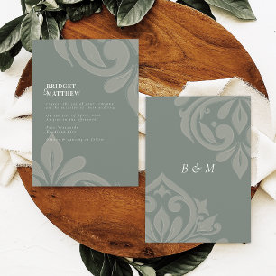 Earthy Olive Tasteful Classic Damask Wedding Invitation