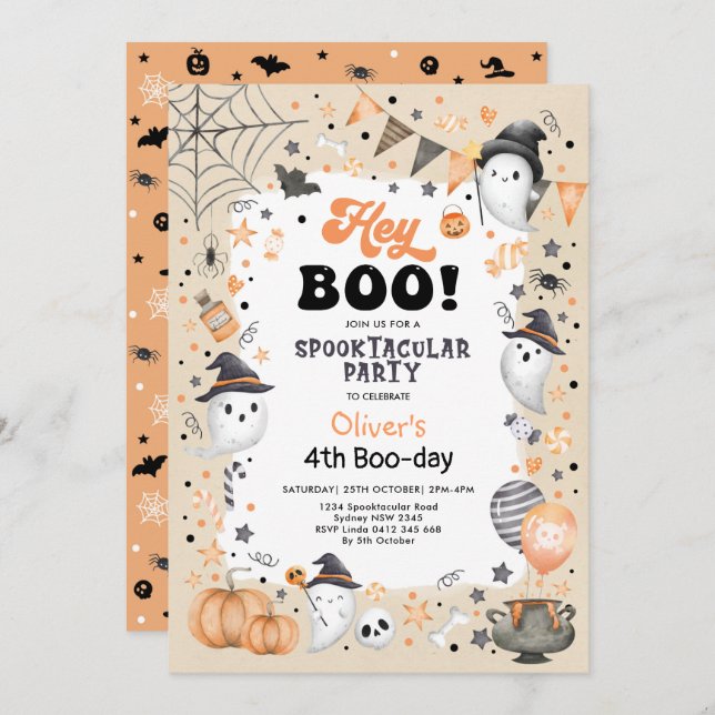 Earthy Orange Black Halloween Ghost Boy Birthday Invitation (Front/Back)
