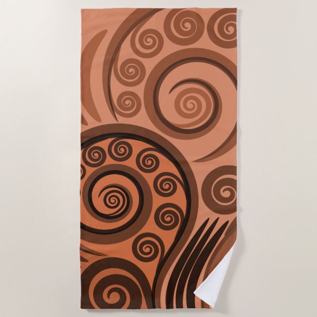Earthy Orange-Brown Koru Fern Frond Pattern Beach Towel (Front)