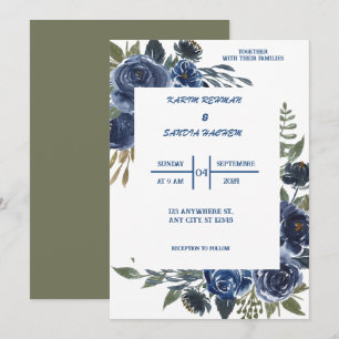 Earthy Orange Roses Floral Navy Blue Wedding  Invitation