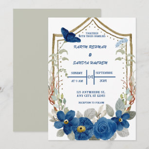 Earthy Orange Roses Floral Navy Blue Wedding Invitation