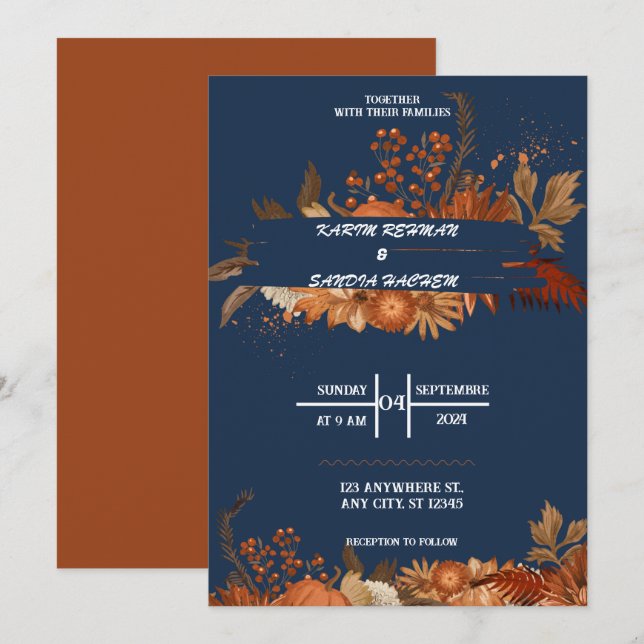 Earthy Orange Roses Floral Navy Blue Wedding  Invitation (Front/Back)