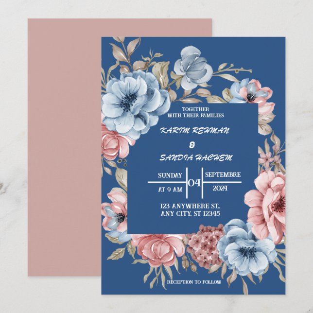 Earthy Orange Roses Floral Navy Blue Wedding  Invitation (Front/Back)
