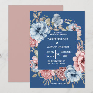 Earthy Orange Roses Floral Navy Blue Wedding  Invitation