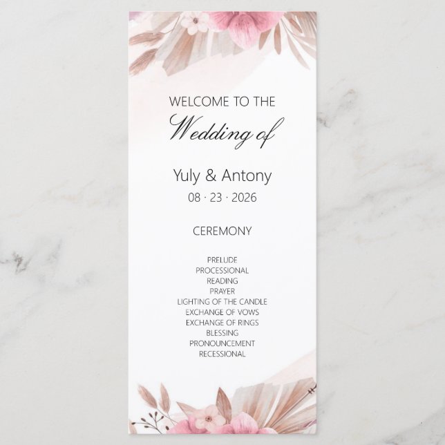 Earthy Pampas Grass Ceremony Order of Service Note (Front)