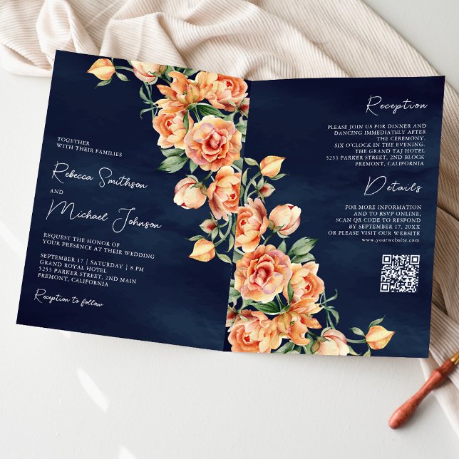 Earthy Peach Floral Navy Blue QR Code Wedding Invitation (Creator Uploaded)