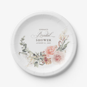 Earthy Pink Flowers Elegant Boho Bridal Shower Paper Plate