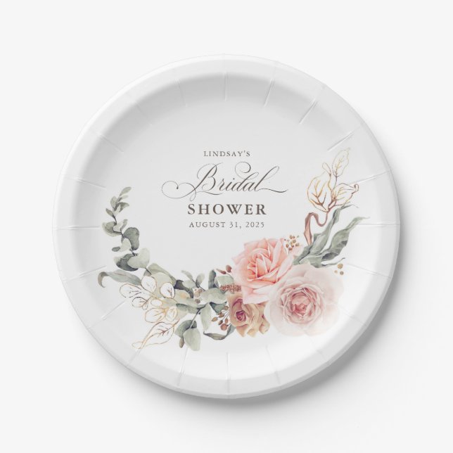 Earthy Pink Flowers Elegant Boho Bridal Shower Paper Plate (Front)