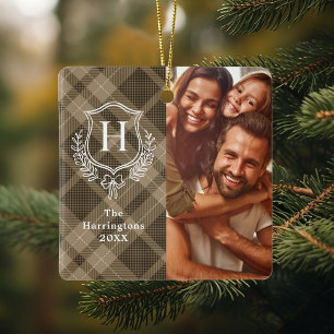 Earthy Plaid Family Crest Photo Christmas Ceramic Ornament