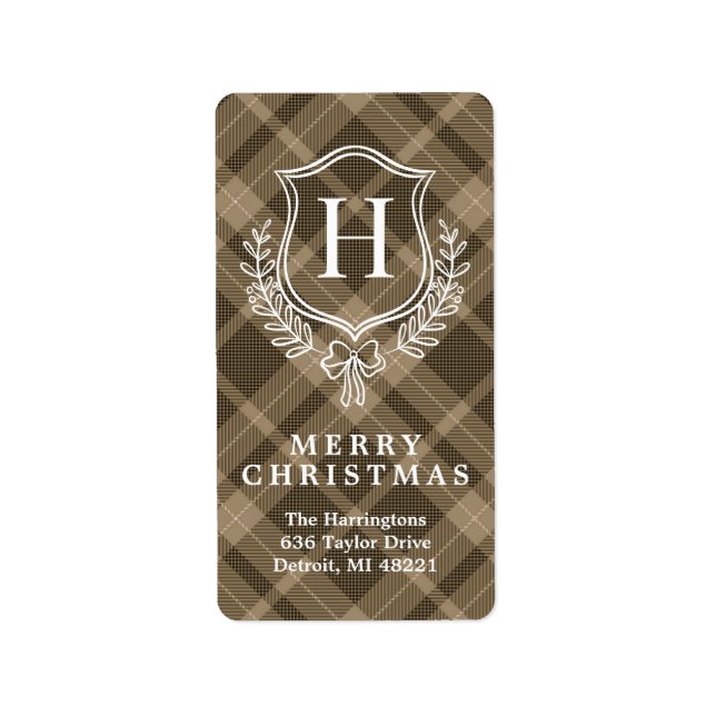 Earthy Plaid Monogram Christmas Return Address Label (Front)