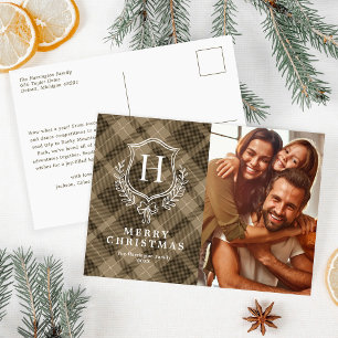 Earthy Plaid Monogram Photo Christmas Holiday Postcard