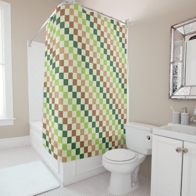 Earthy rainbow diagonal chequerboard pattern shower curtain (In Situ)