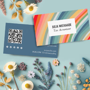 Earthy Rainbow Stripes QR Code Social Media Chic Business Card